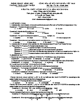 Đề kiểm tra chất lượng học kỳ II môn Tiếng Anh Lớp 8 (Thí điểm) - Năm học 2015-2016 - Trường THCS Long Thuận